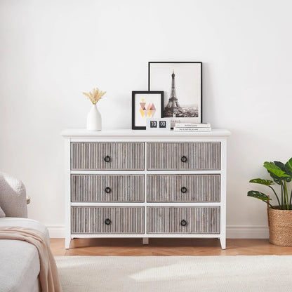 Homhougo White Dresser for Bedroom 6 Drawer, Wood Organizer Storage Cabinet with Gray Strip Drawer Door, Chest of Drawers for Closet, Living Room, Hallway, Nursery, Kids Bedroom
