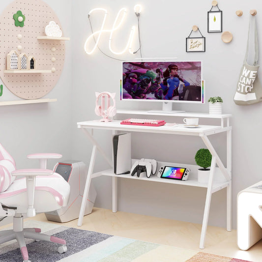 Costway Home Office Desk with Monitor Stand, Open Shelf & Metal Frame, Earphone Hook White