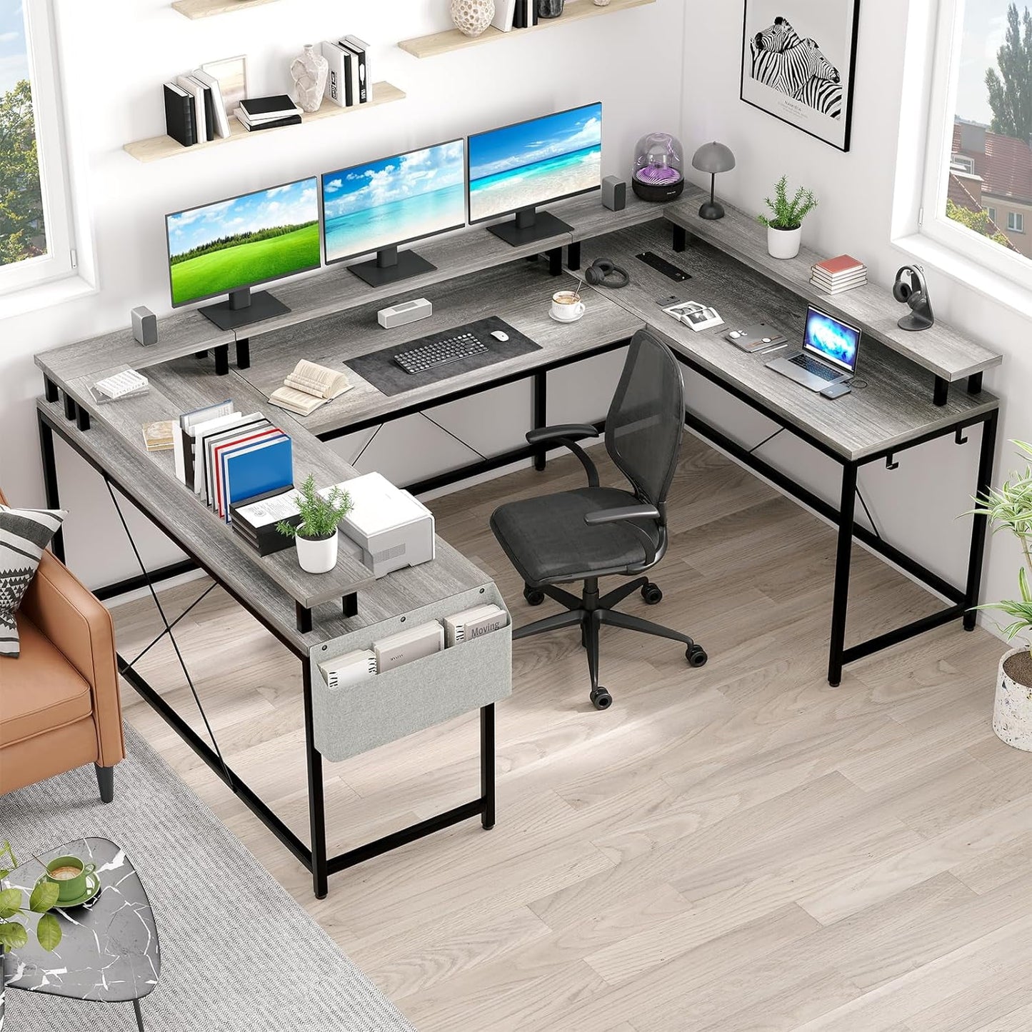 NEILA U Shaped LED Light Computer Gaming Desk with Power Outlets, Reversible 78.8'' Large PC Desk with Monitor Stand & Storage Bag, Home Office Desk, Study Desk, Writing Desk, Workstation, Grey