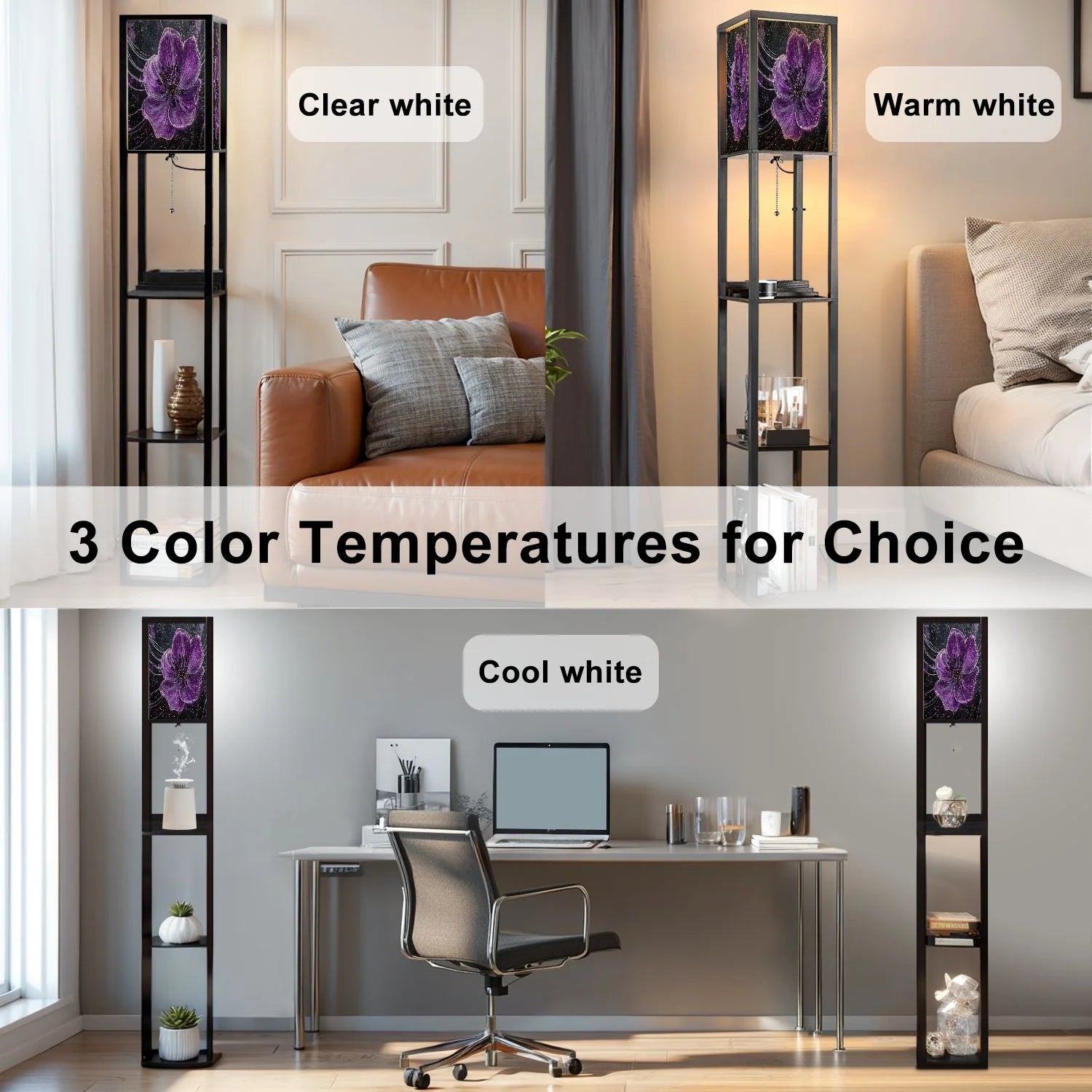 Floor Lamp with Shelves Corner Display Bookshelf Lamp for Living Room and Bedroom Purple Purple Wall Decor Purple Flower LED Modern Shelf Floor Lamp 3 Color Temperature