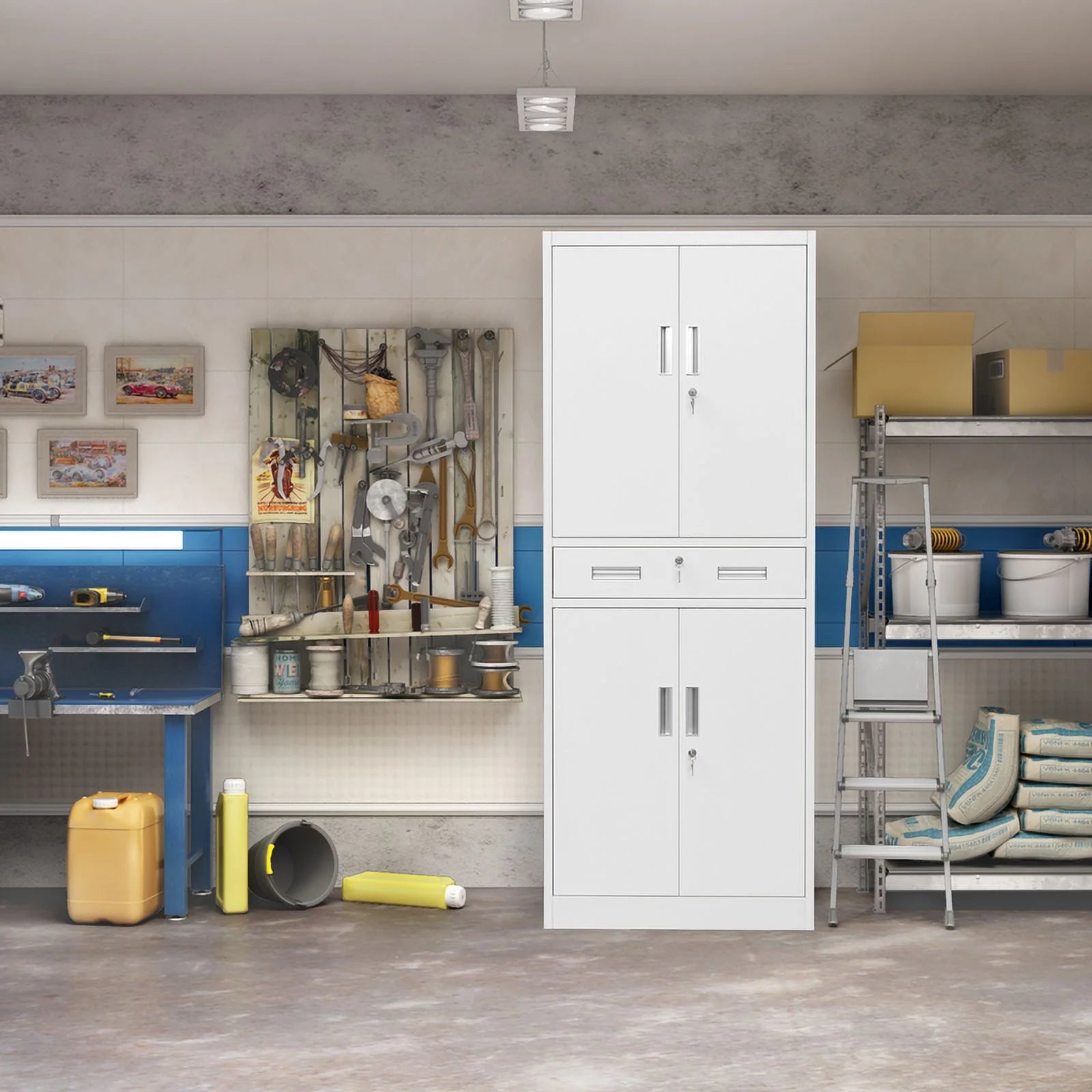 Metal Storage Cabinets with 1 Drawer and Adjustable Shelves, Locking Storage Cabinet for Pantry Kitchen Home Office Garage Living Dining Room (White)