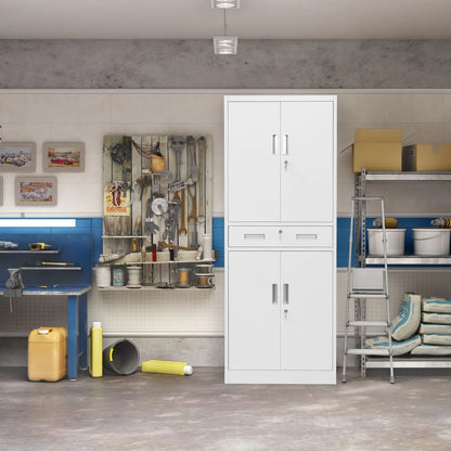 Metal Storage Cabinets with 1 Drawer and Adjustable Shelves, Locking Storage Cabinet for Pantry Kitchen Home Office Garage Living Dining Room (White)