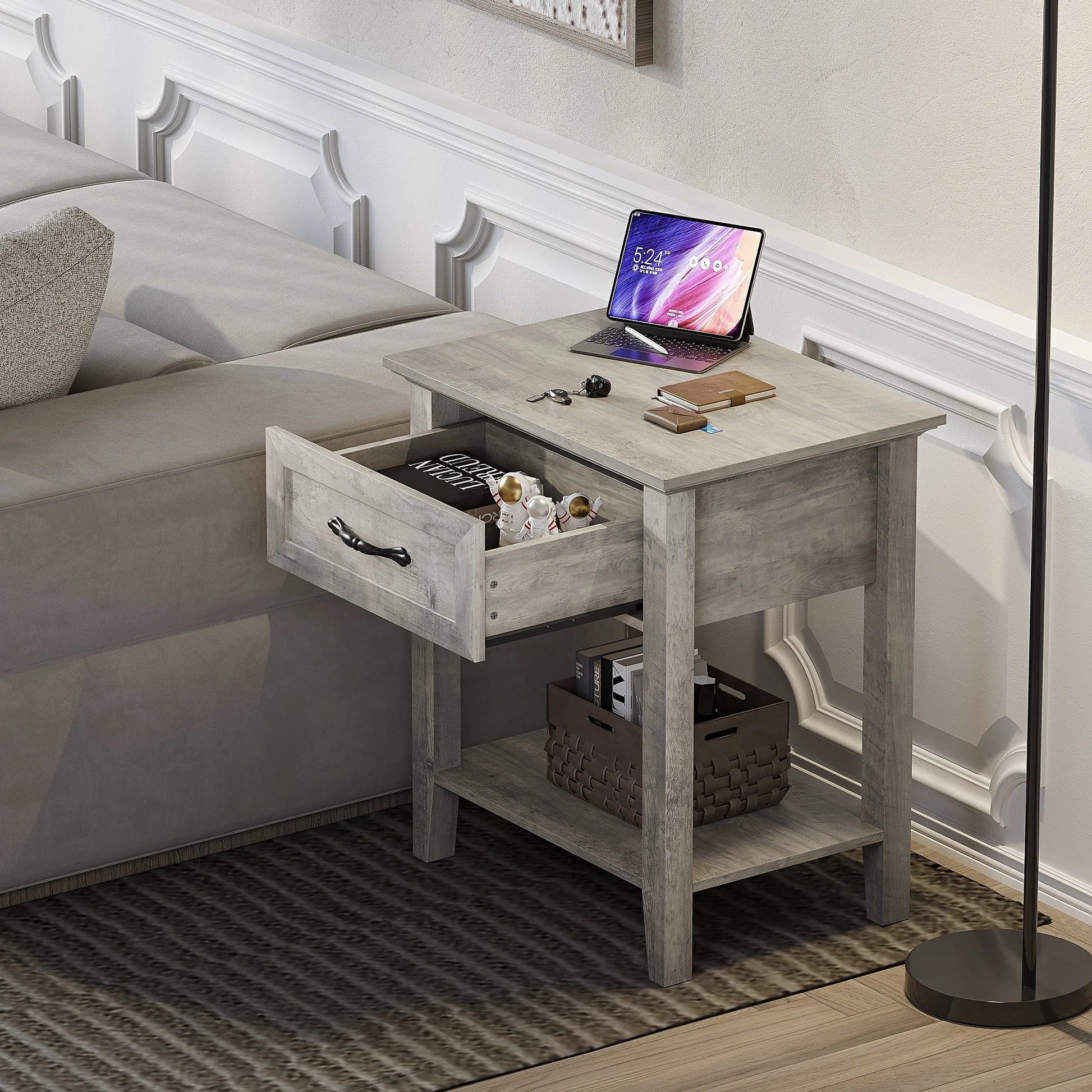 Amyove Square Nightstand, Bedside Table End Table for Bedroom Nursery Living Room, End Table with Storage Drawer, Easy Assembly, Grey