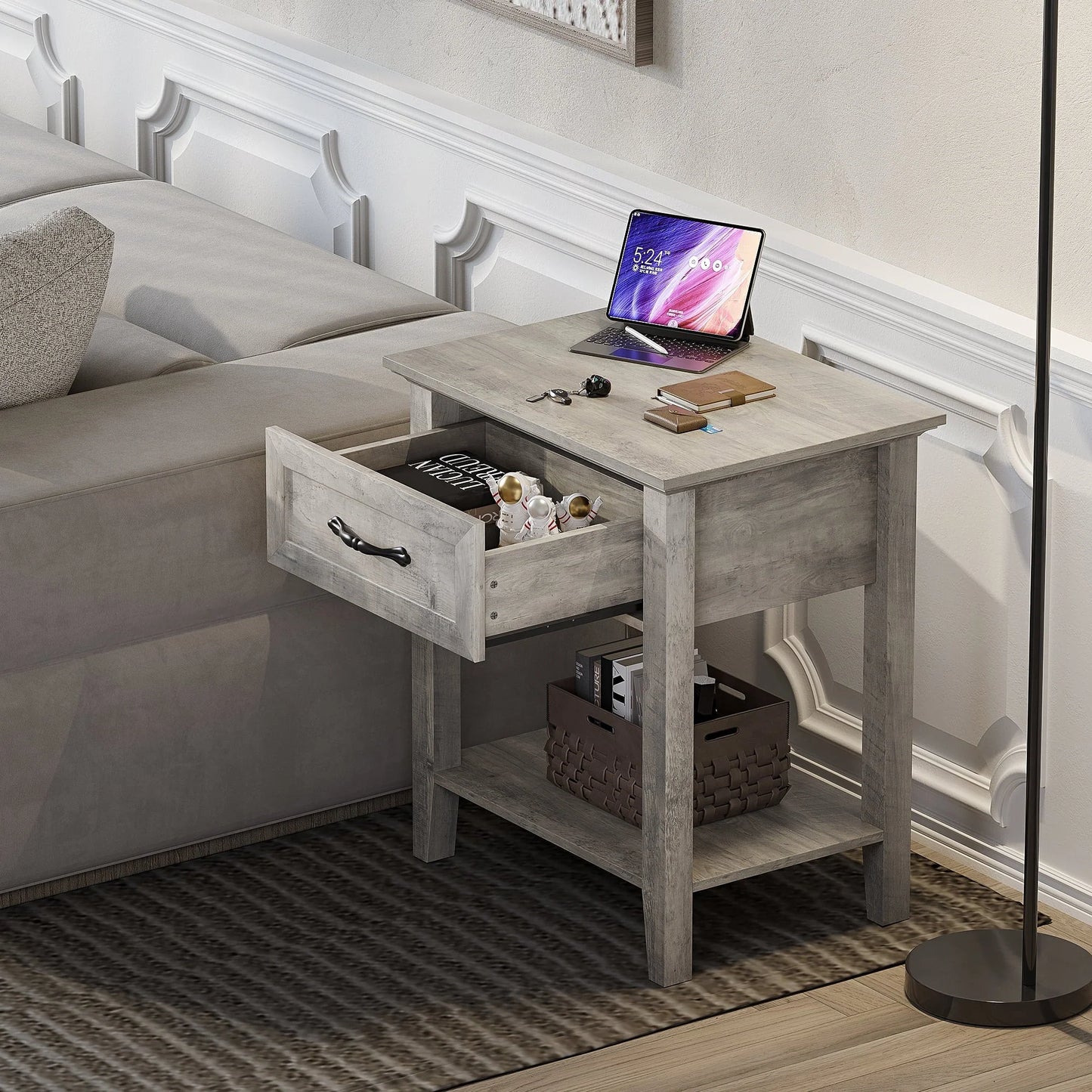 Amyove Square Nightstand, Bedside Table End Table for Bedroom Nursery Living Room, End Table with Storage Drawer, Easy Assembly, Grey
