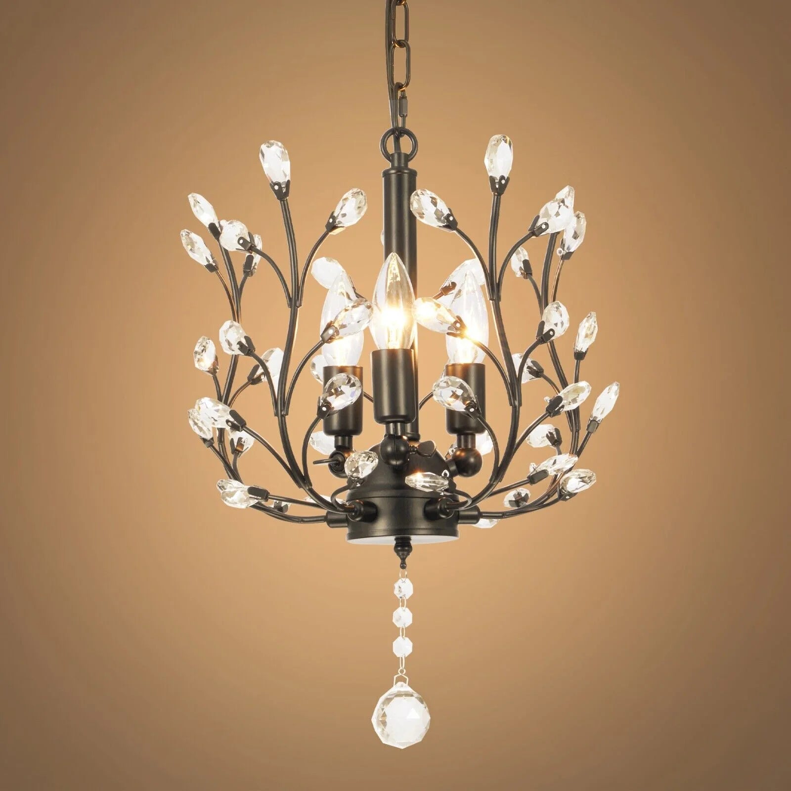 FINE MAKER 18-inch branch flower-shaped crystal chandelier, 3-head living room chandelier, bedroom study lighting fixture (black)