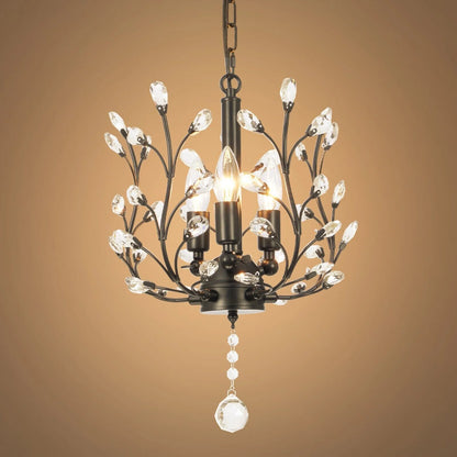 FINE MAKER 18-inch branch flower-shaped crystal chandelier, 3-head living room chandelier, bedroom study lighting fixture (black)