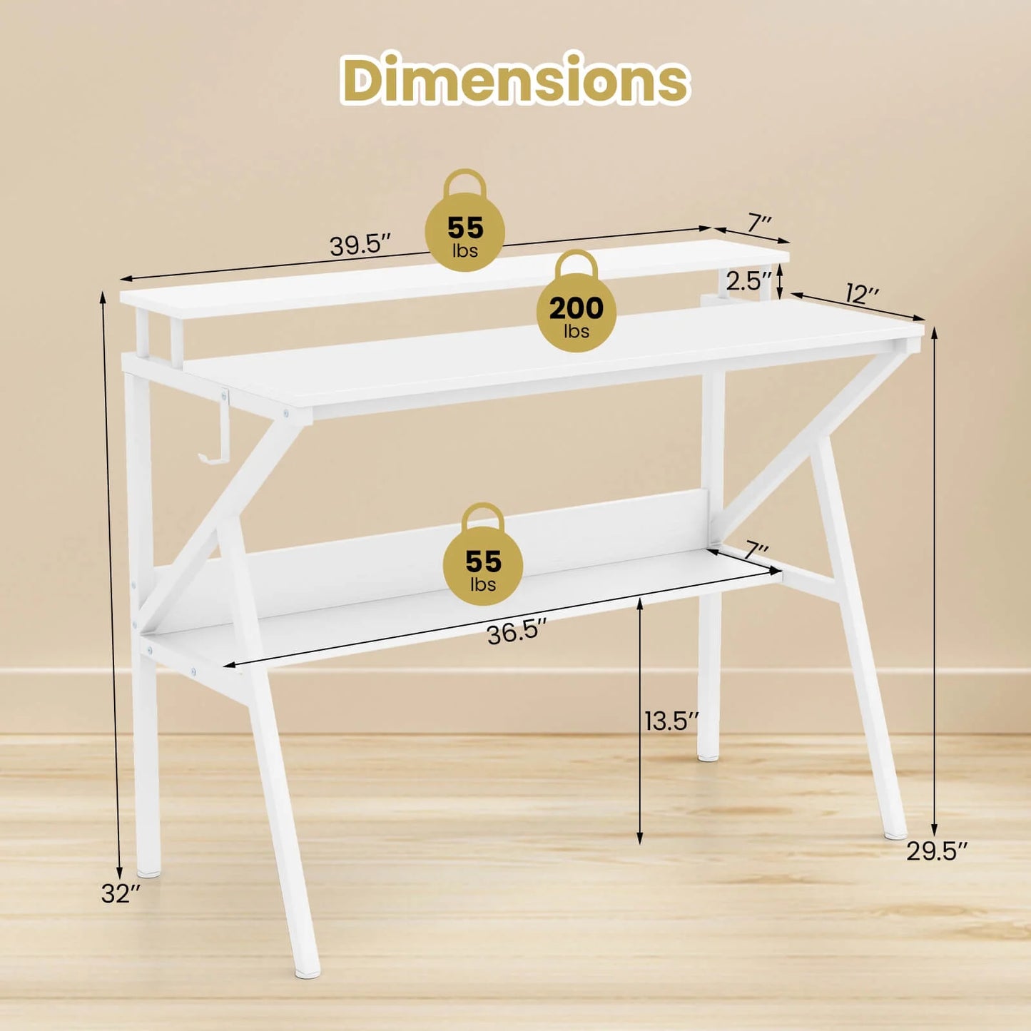 Costway Home Office Desk with Monitor Stand, Open Shelf & Metal Frame, Earphone Hook White