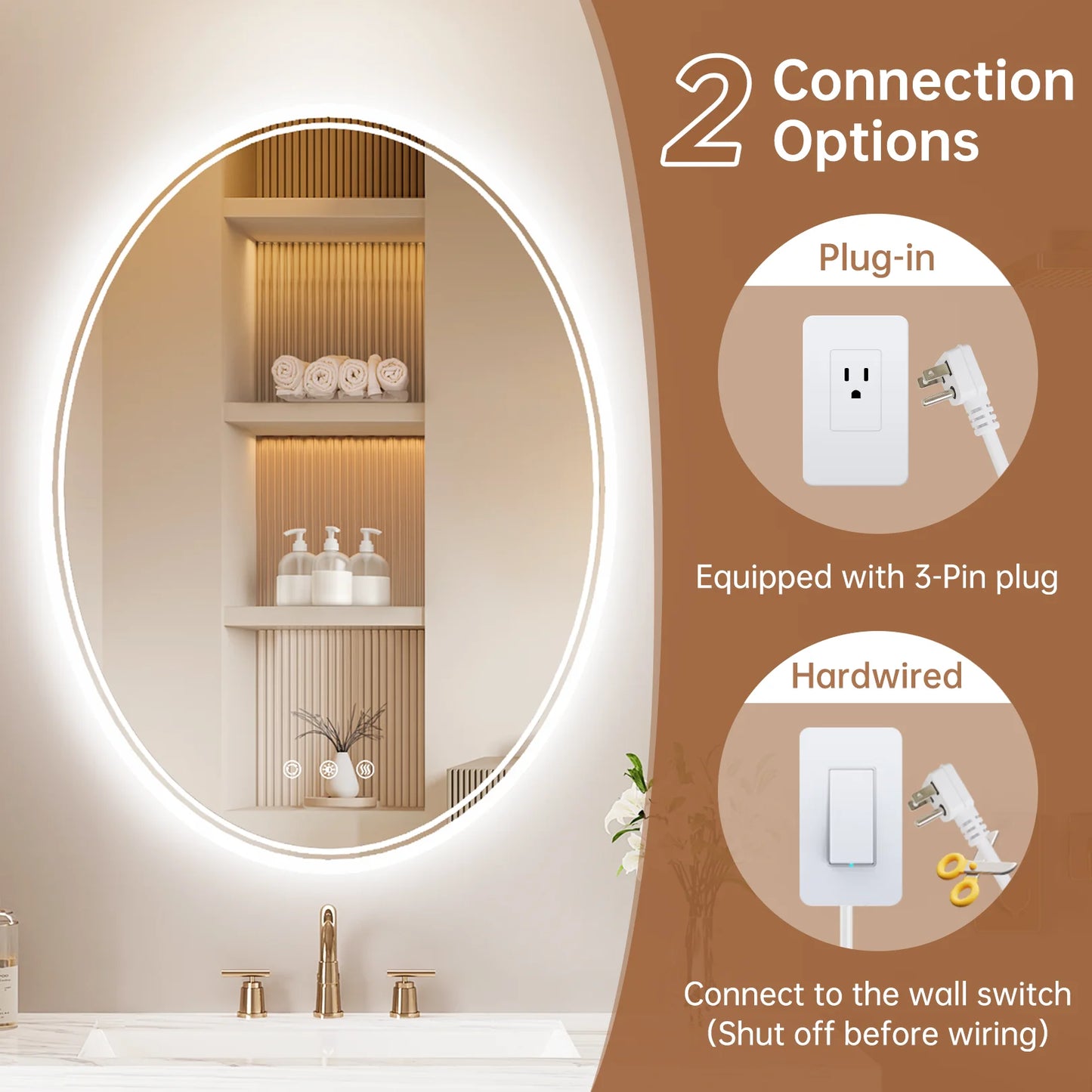 Funtouch 20" x 28" Oval LED Bathroom Mirror with Lights, Anti Fog LED Bathroom MirrorDimmable, Front and Backlit, 3 Colors, Memory, Shatterproof