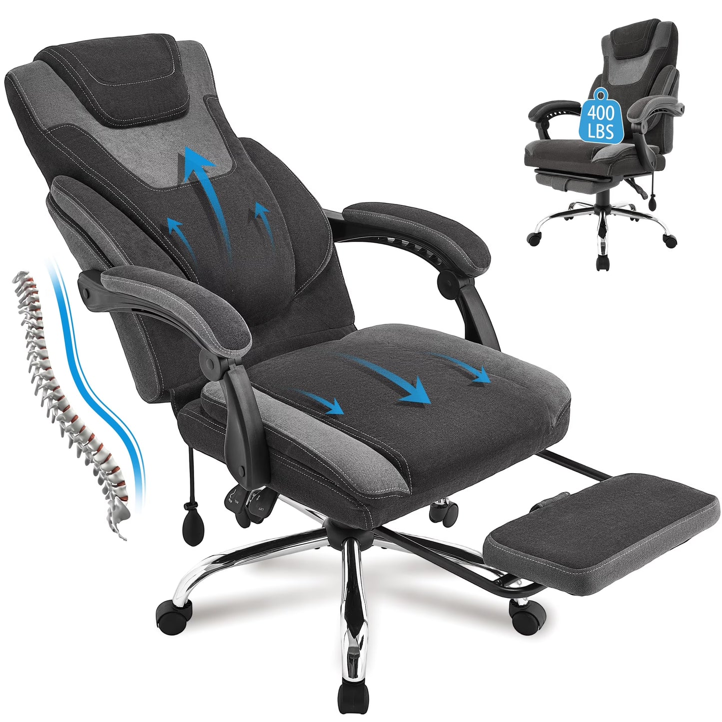 JONPONY Big and Tall Office Chair 400lbs, Executive Reclining Office Chairs with Footrest, High Back Home Office Chair Thick Padded Armrests, Ergonomic Adjustable Lumbar Support, PinkWhite