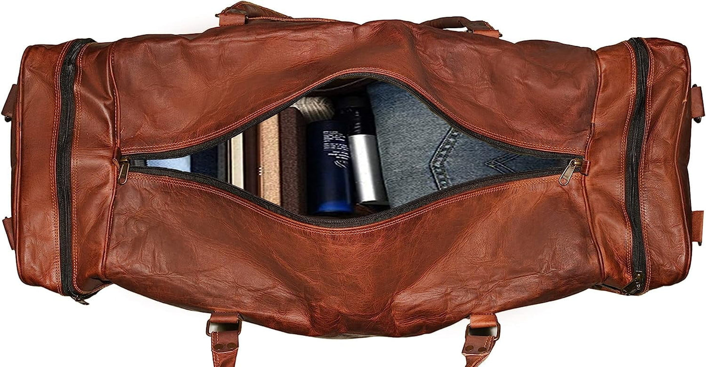 Leather Duffel Weekender Bags Inner Canvas Bag Overnight Travel Carry On Tote Bag Satchel with Adjustable Luggage Strap Sleeve for men & women