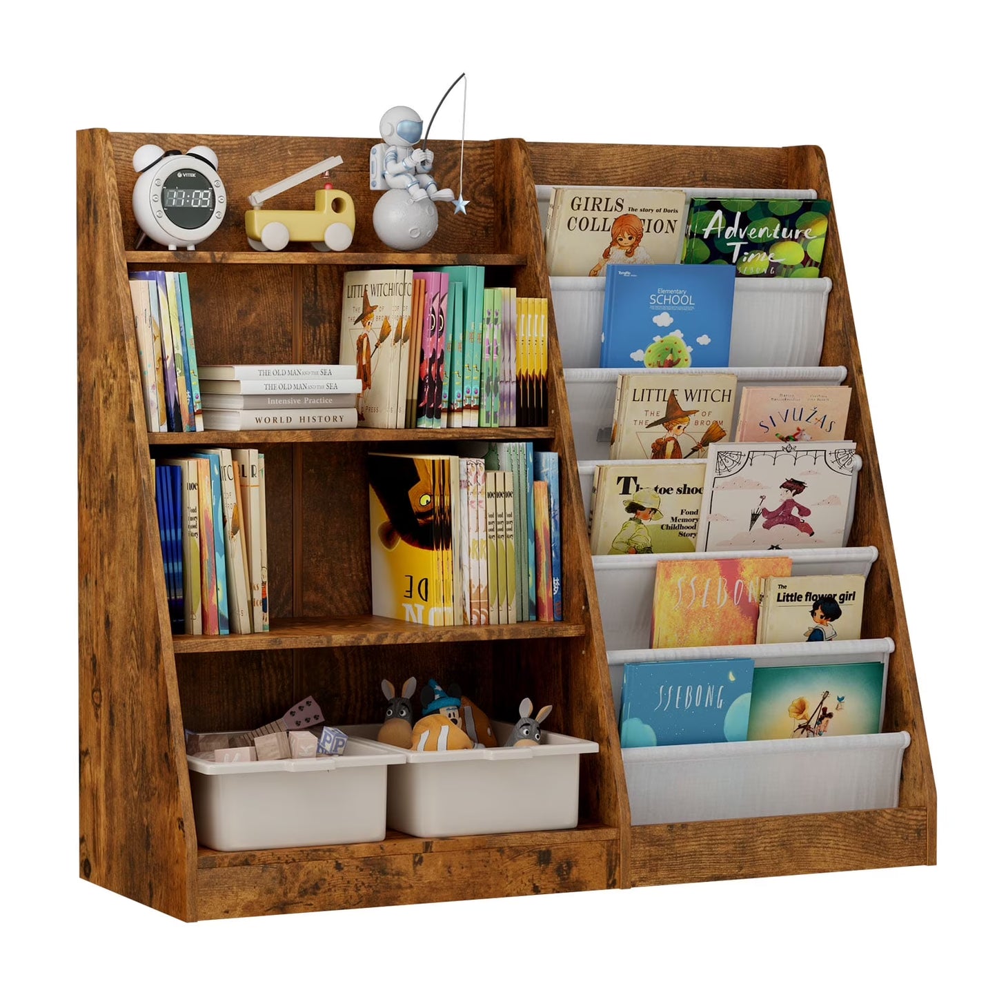 Hironpal Large 6 Layer Sling Kids Bookshelf, 4 Tier Wooden Children Toy Organizer Cabinet for Playroom Nursery Classroom Library