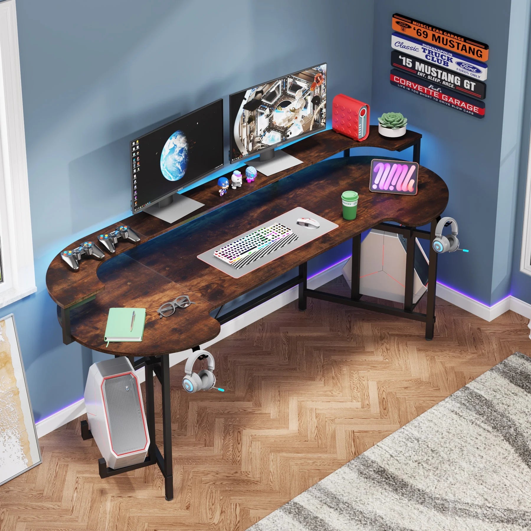 Tribesigns Gaming Desk with Monitor Shelf, 75 inch PC Computer Desk with LED Strip, Carbon Fiber Surface Gaming Table Gamer Workstation for Bedroom, Home Office, Black