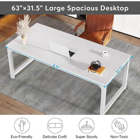 Large Simple Computer Desk Office Computer Table Writing Table for Home Office 63" L x 31.5" W x 29.5" H - Off White