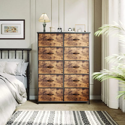 Dextrus Tall 10 Drawer, Fabric Storage Tower-Organizer Unit for Bedroom, Living Room, Hallway, Closets & Nursery Dresser, Rustic Brown