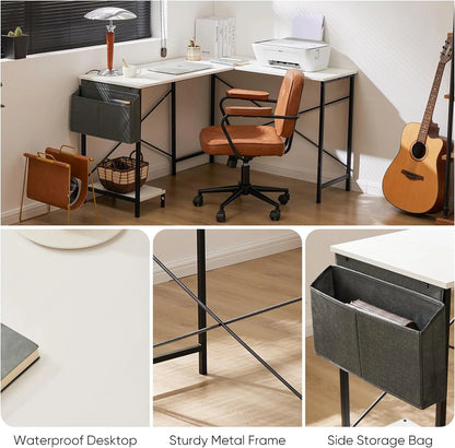 L Shaped Computer Desk - Gaming Corner 50 Inch PC White Writing Study Student Table with Wooden Desktop CPU Stand Side Bag Reversible for Home Office Room Small Space, White