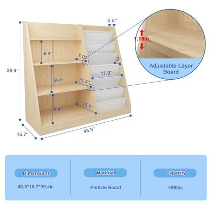 Hironpal Large 6 Layer Sling Kids Bookshelf, 4 Tier Wooden Children Toy Organizer Cabinet for Playroom Nursery Classroom Library