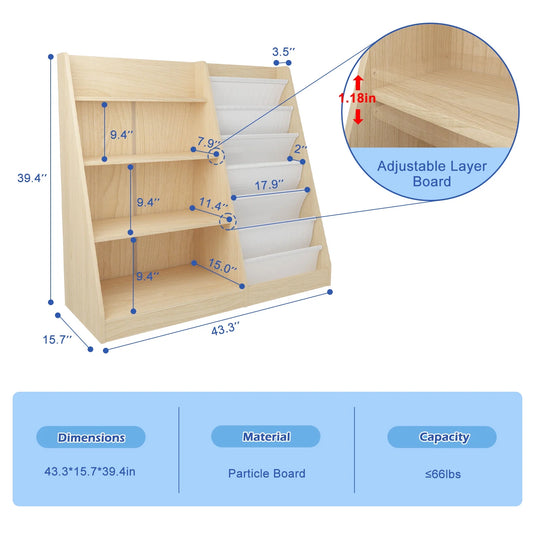 Hironpal Large 6 Layer Sling Kids Bookshelf, 4 Tier Wooden Children Toy Organizer Cabinet for Playroom Nursery Classroom Library