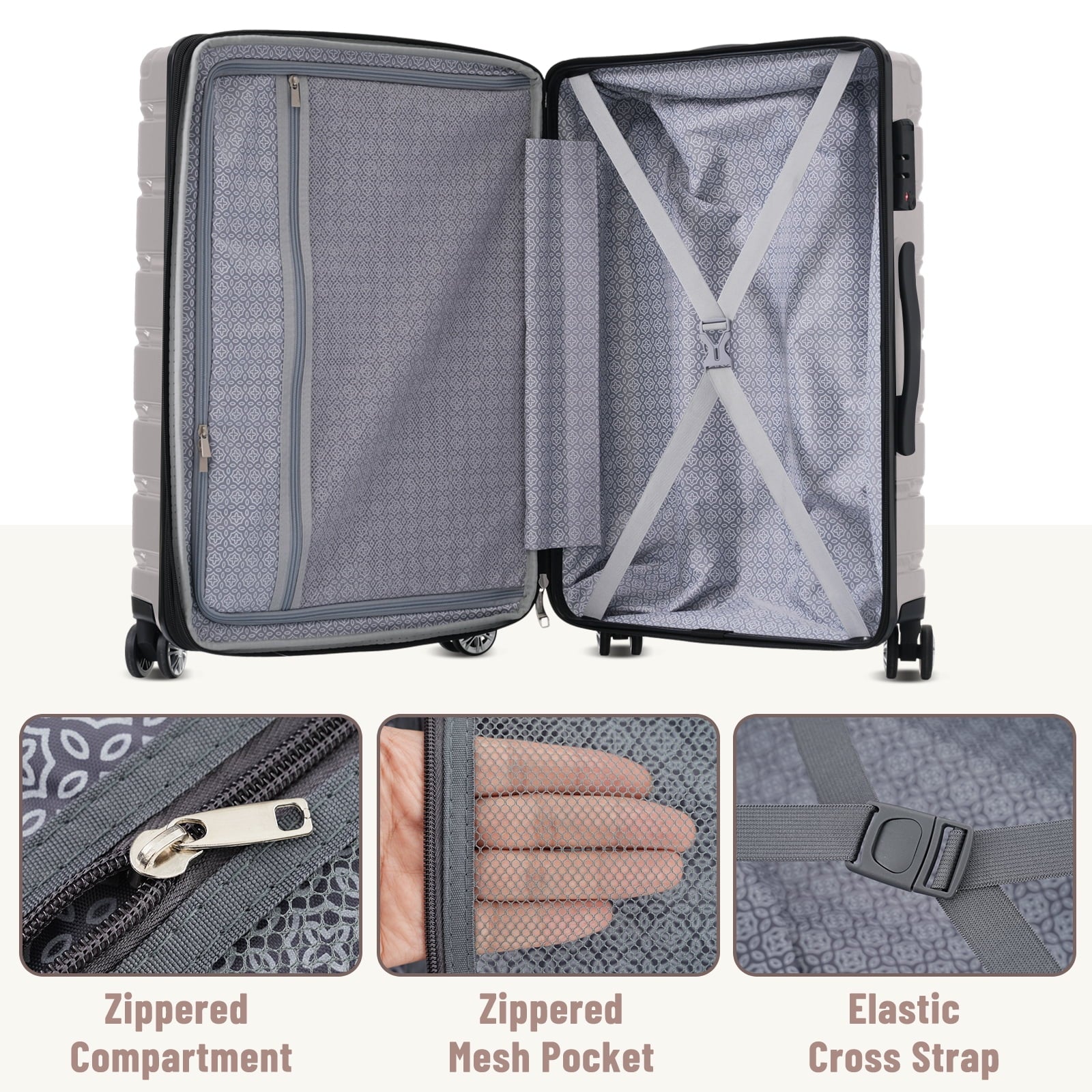 EUROCO 3 Piece Luggage Sets, ABS+PC Hardshell Suitcase with Spinner Wheels,Lightweight Durable Travel Suitcase Set for Men Women,Fog Gray