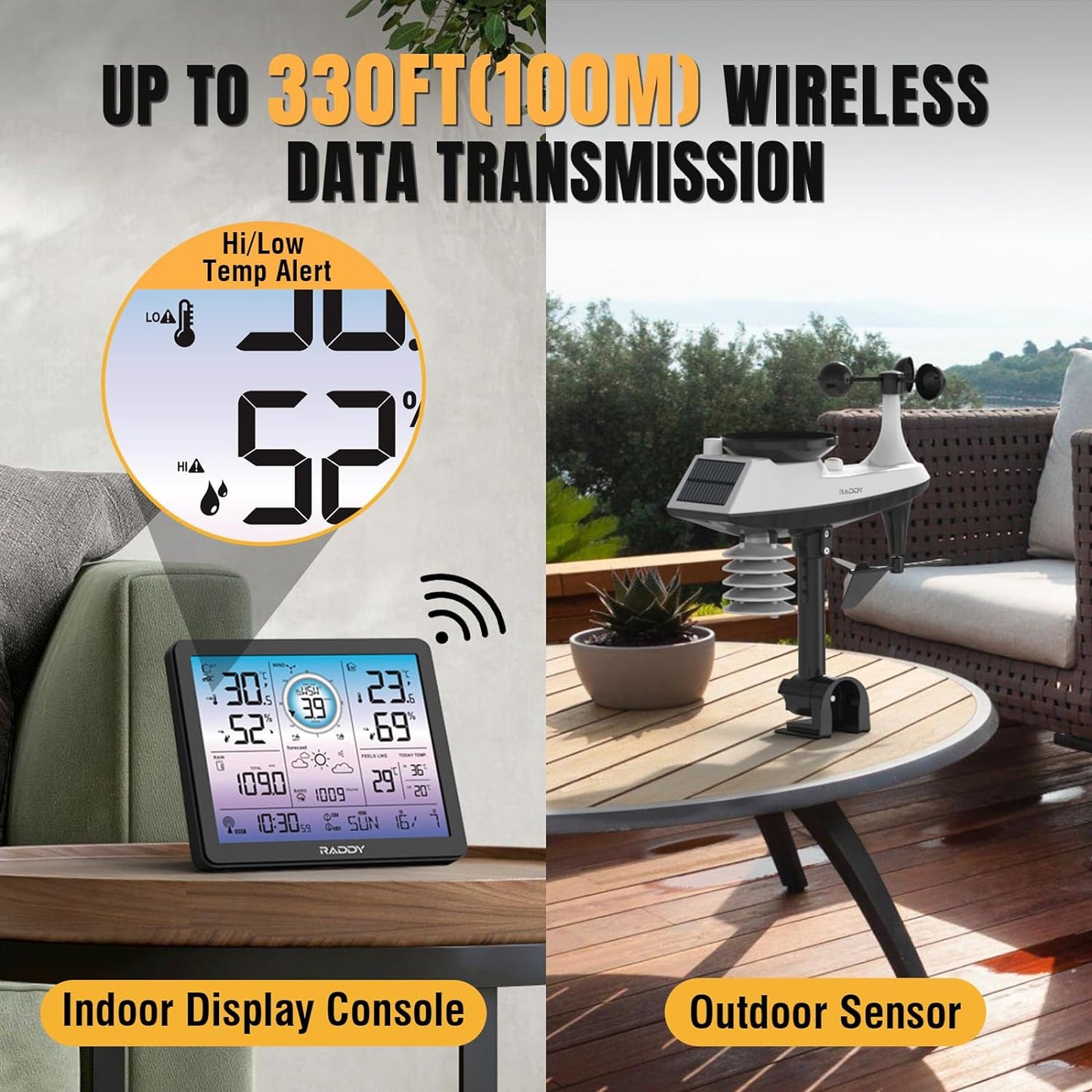 Raddy VP7 Weather Station | Wireless Indoor Outdoor Thermometer | 7.4'' Digital Color Display with Atomic Weather Clock | Temperature Humidity Monitor with Weather Forecast and Barometric Pressure