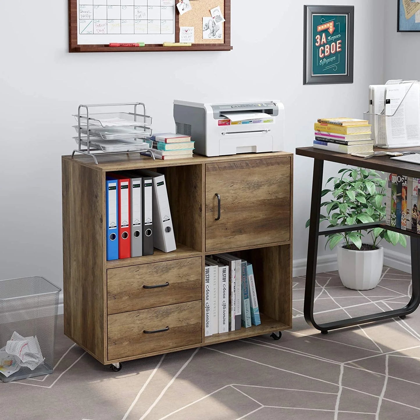 Homfa Lateral File Cabinet, Storage Printer Stand with 2 Drawers, Wood Mobile Filing Cabinet for A4 Paper Letters Home Office Furniture, Rustic Brown