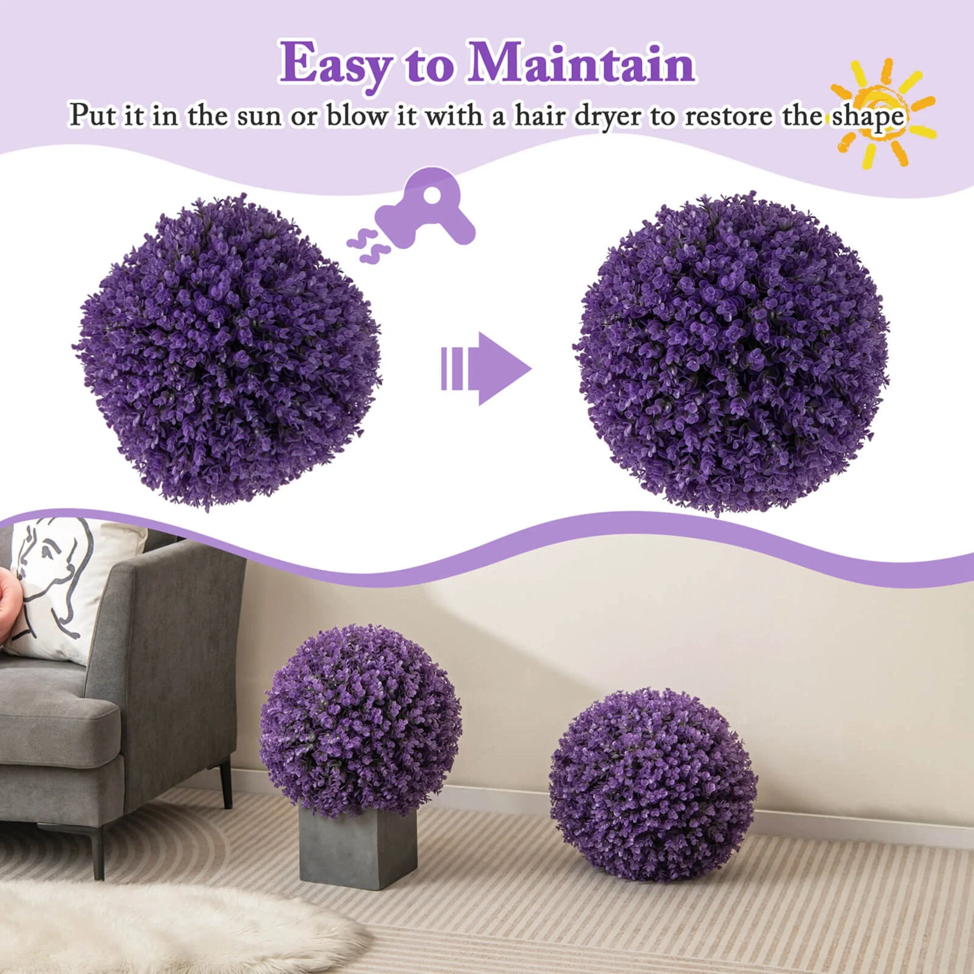 Costway 2 PCS Artificial Plant Topiary Balls with7 Layers Leaves UV Protected for Garden