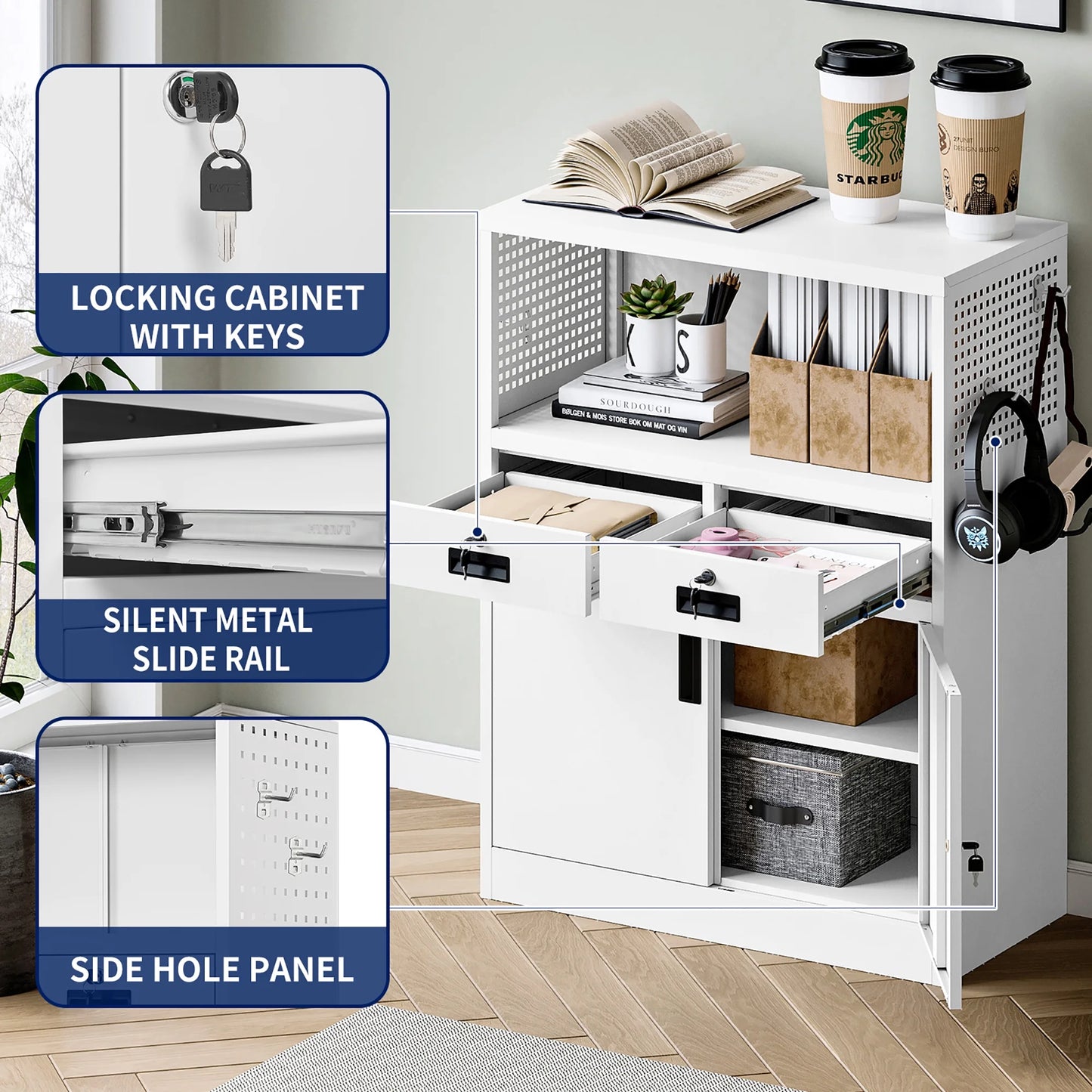 Fesbos Locking Cabinet with 2 Drawers, Metal Storage Cabinet with Locking Doors and Shelves - 41.3" Steel Lockable Storage Cabinet, Metal Cabinet for Home Office, Garage