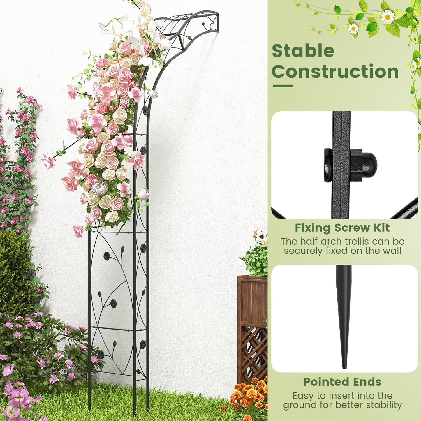 Topbuy Garden Arch Arbor Trellis, 2 Half Arches 99° Tall Metal Arbour Archway for Climbing Plants Roses Vines