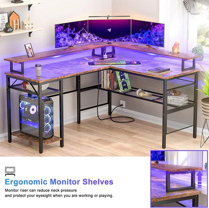 Homieasy L Shaped Desk with Power Outlets and LED Light, 55 inch Reversible L-Shaped Gaming Desk with Monitor Stand, Ergonomic Corner Computer Desk with Storage Shelf for Home Office, Rustic Brown