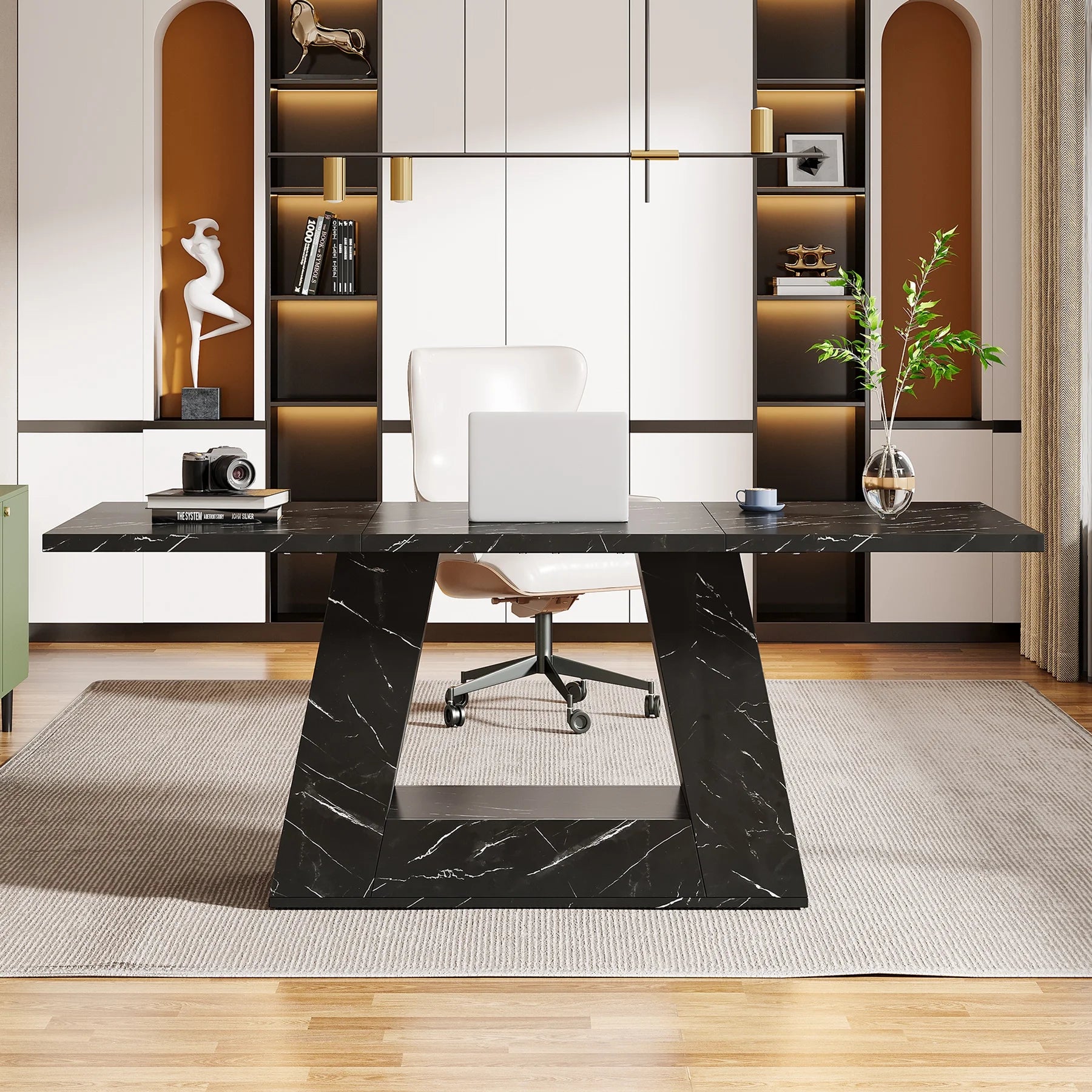 Tribesigns Modern Computer Desk, 63 inch Wooden Faux Marble Study Writing Table with Sturdy Base for Home Office, Black