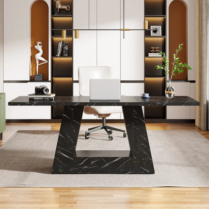 Tribesigns Modern Computer Desk, 63 inch Wooden Faux Marble Study Writing Table with Sturdy Base for Home Office, Black