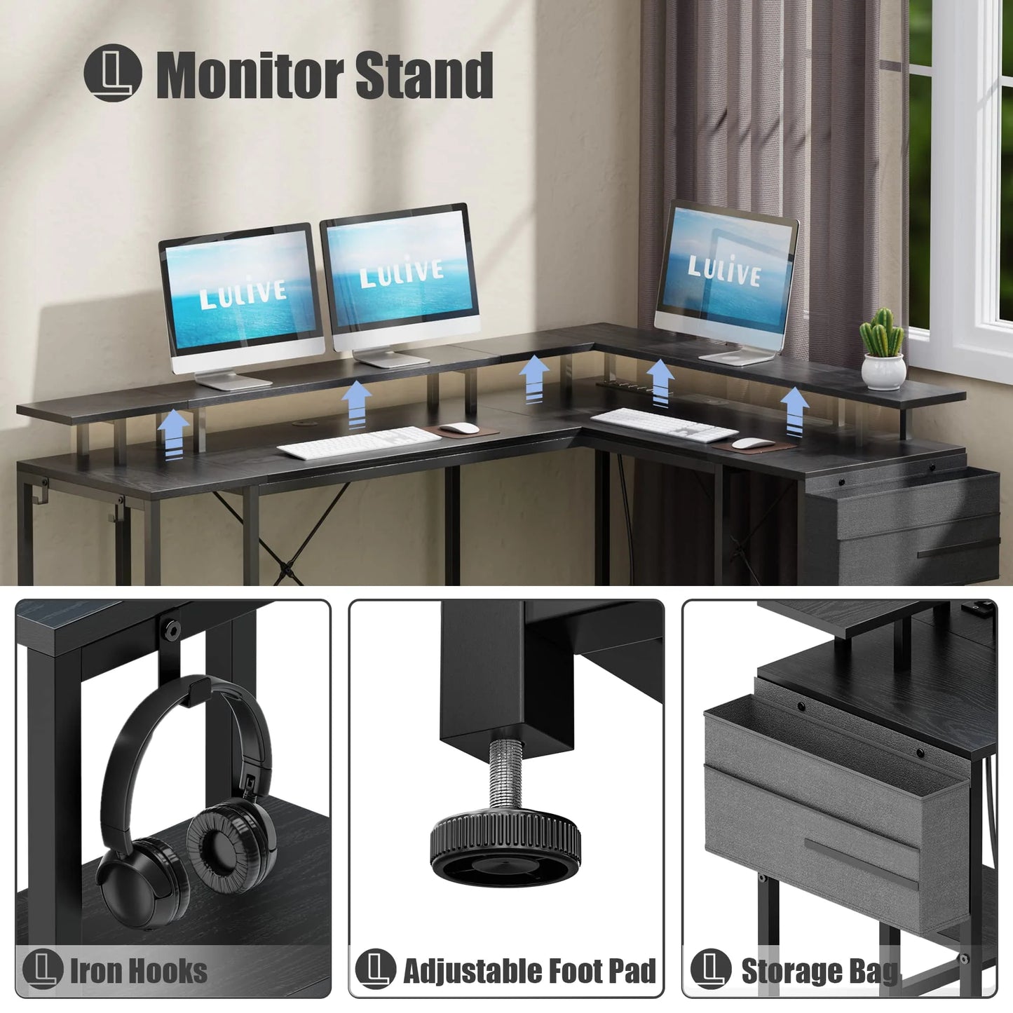 Lulive 95” L-Shaped Computer Desk with LED Light Gaming Desk with Power Outlet, Home Office Desk with Monitor Stand, Storage Shelf and Storage Bag Corner Desk, Black