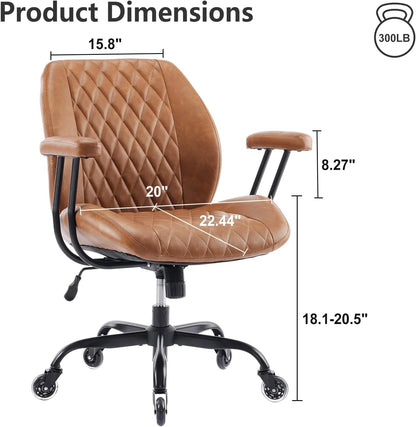 QW Home Office Desk Chair Office Rubber Casters Ergonomic Computer Chair with Lumbar Support Adjustable Height Rolling Swivel Executive Task Armrests Chair Brown Leather