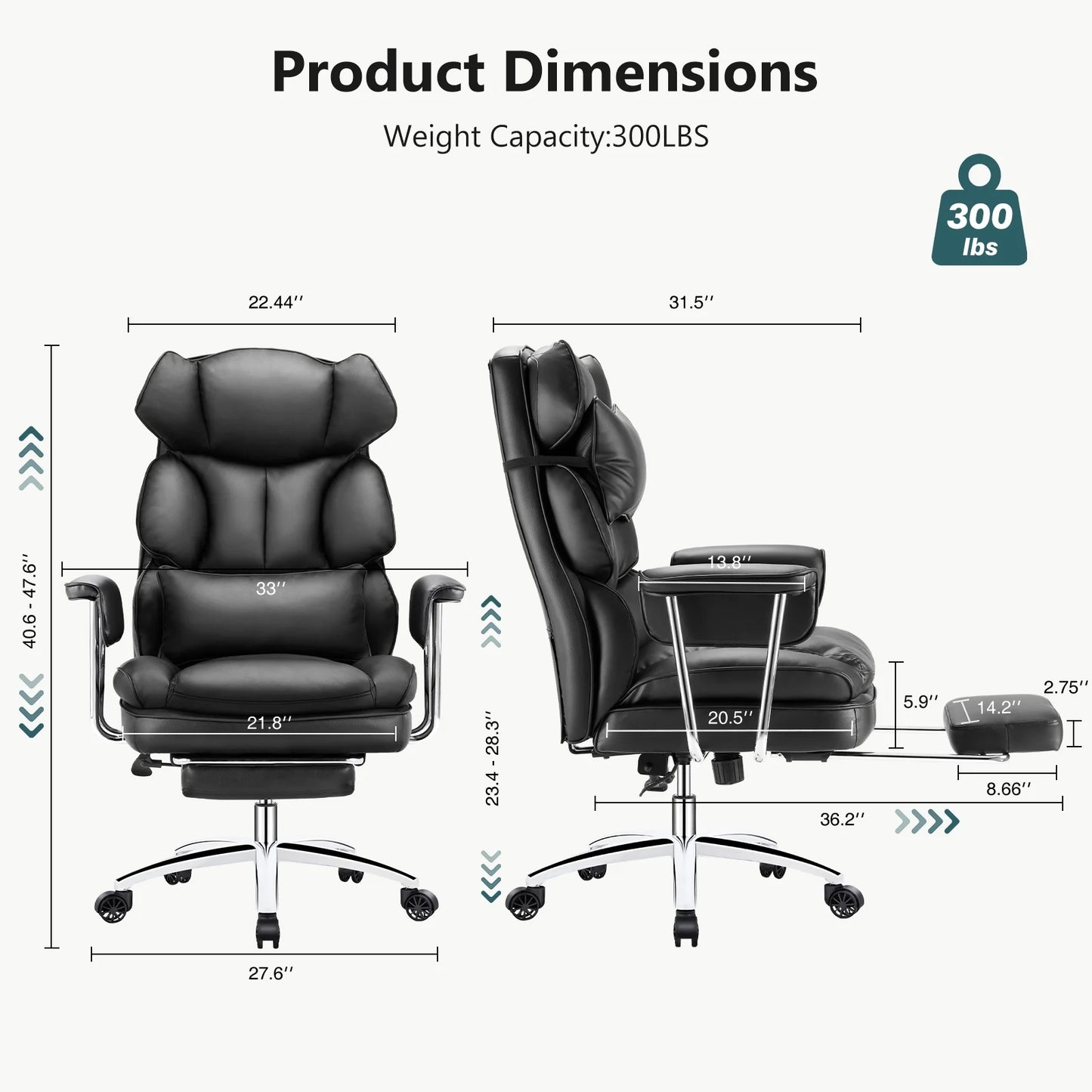 edx Executive Home Office Desk Chair, Ergonomic Big Tall High Back with Footrest & Lumbar Support, Reclining Comfy PU Leather Computer Gaming Chair with Swivel Wheels, Height Adjustable, Black