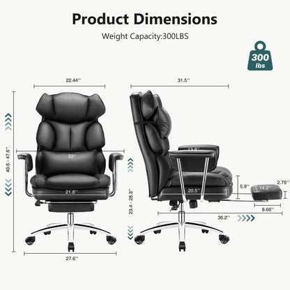 edx Executive Home Office Desk Chair, Ergonomic Big Tall High Back with Footrest & Lumbar Support, Reclining Comfy PU Leather Computer Gaming Chair with Swivel Wheels, Height Adjustable, Black