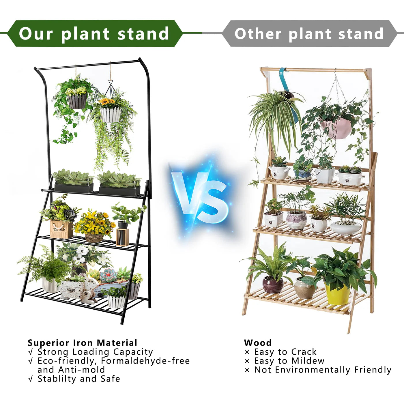 Plant Stand Indoor, 3-Tier Tall Plant Stand with Hanging Top Bar, Metal Plant Stand for indoor Plants Multiple, Plant Shelf for Outdoor Flower Pot Display Home Garden Balcony Patio Office
