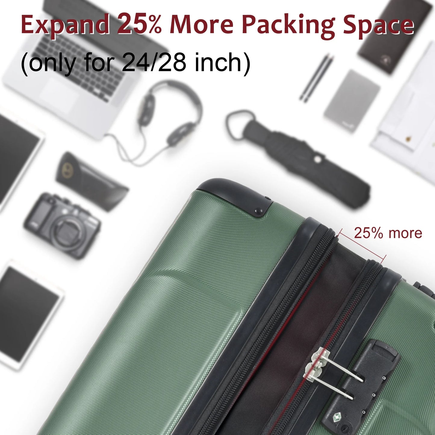 Hardshell Luggage, Lightweight Durable ABS Suitcases with Double Wheels, Expandable 28-inch Checked Luggage 28" (Green)