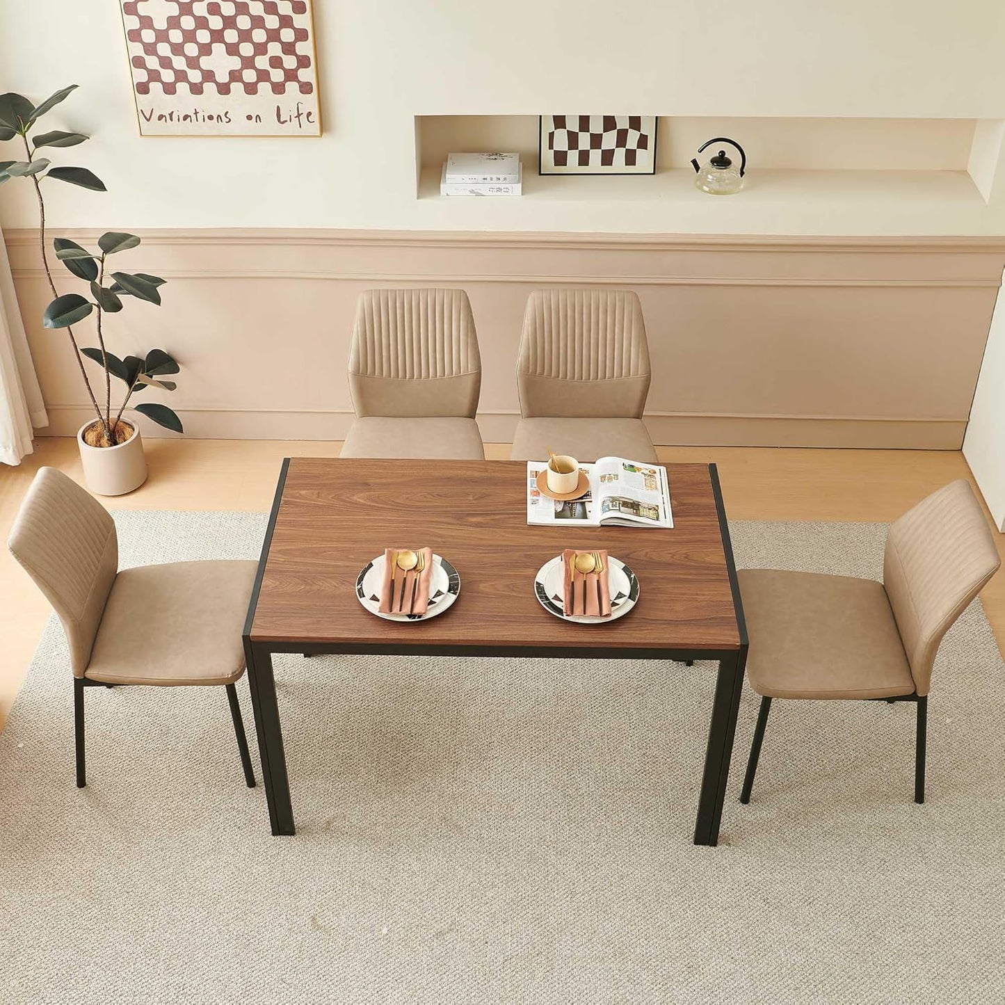 47" Dining Table, 4-Person Indoor Walnut Wood Grain Effect Table with Metal Legs, Rectangular Kitchen Table for Dining Room, Kitchen, Home Office, and Small Spaces