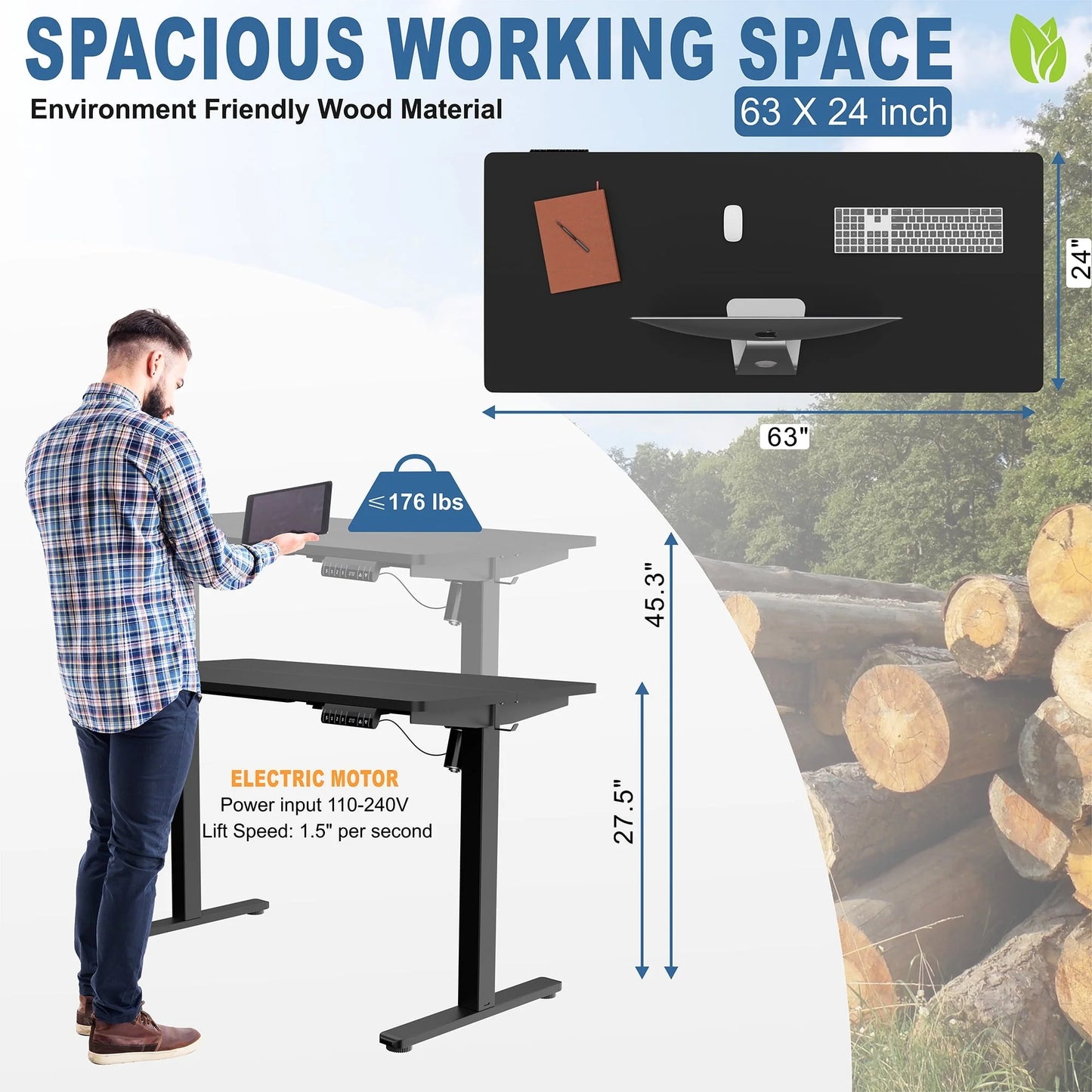 Walsunny 63" x 24" Electric Height Adjustable Standing Desk Home Office Stand Up Computer Desk(Black Top + Black Frame)