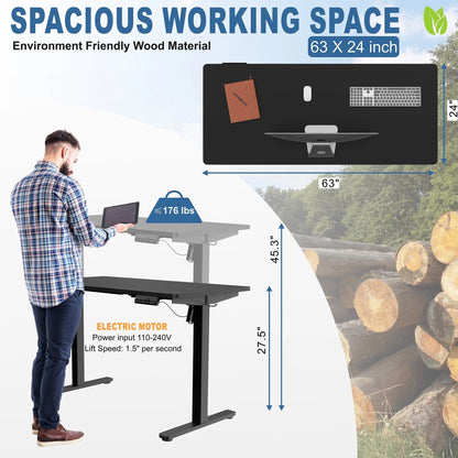 Walsunny 63" x 24" Electric Height Adjustable Standing Desk Home Office Stand Up Computer Desk(Black Top + Black Frame)