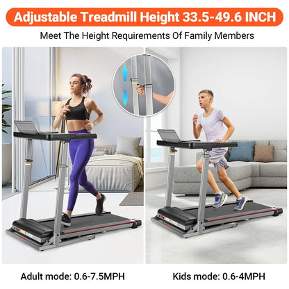 Adnoom 2.5HP Treadmill with Adjustable Desk, 300LBS Folding Incline Treadmill with Incline, Portable Running Walking Machine with Bluetooth Music & APP for Home Office, Easy Assembly