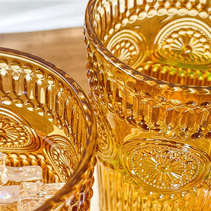 Vintage Textured Amber Striped Drinking Glasses Set of 24, (13 oz) Ribbed Glassware with Flower Design | Cocktail Set, Juice Glass, Water Tumbler