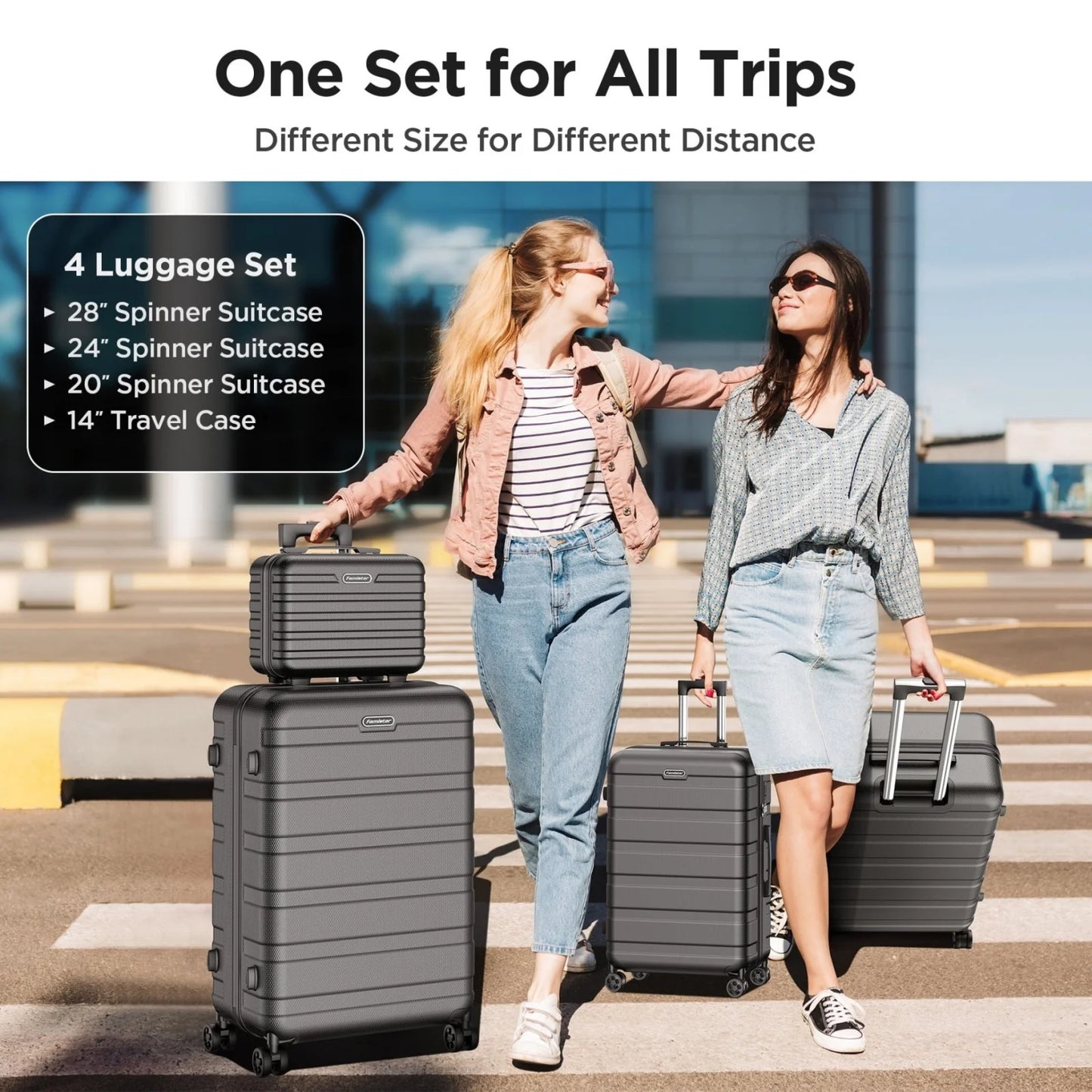 Famistar 11 Piece Hardside Luggage Suitcase Set with 360° Double Spinner Wheels TSA Style Lock, 14° Travel Case, 20" Carry-On Luggage, 24" Checked Luggage and 28" Checked Luggage, Black