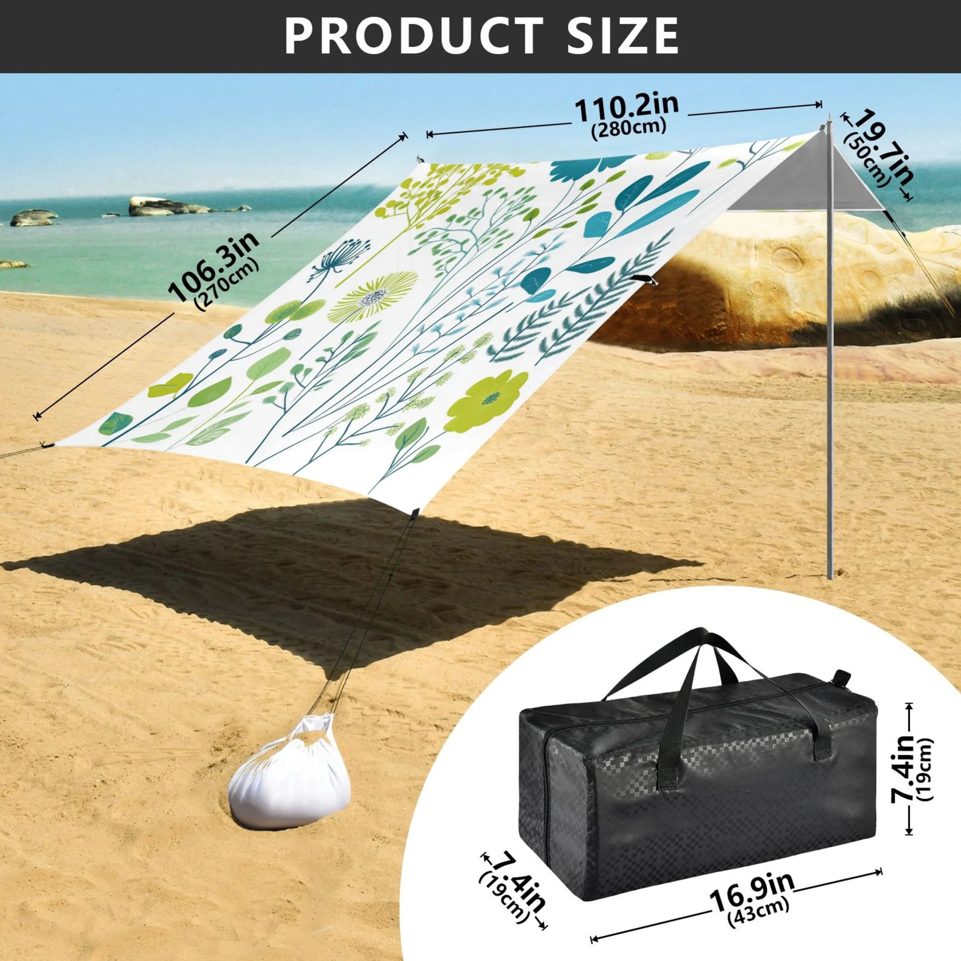Beach Tent Beach Canopy 9.2x10.5Ft Beach Tent Sun Shelter Outdoor Canopy with Carry Bag for Camping, Backyard and Picnics Blue-green Plants