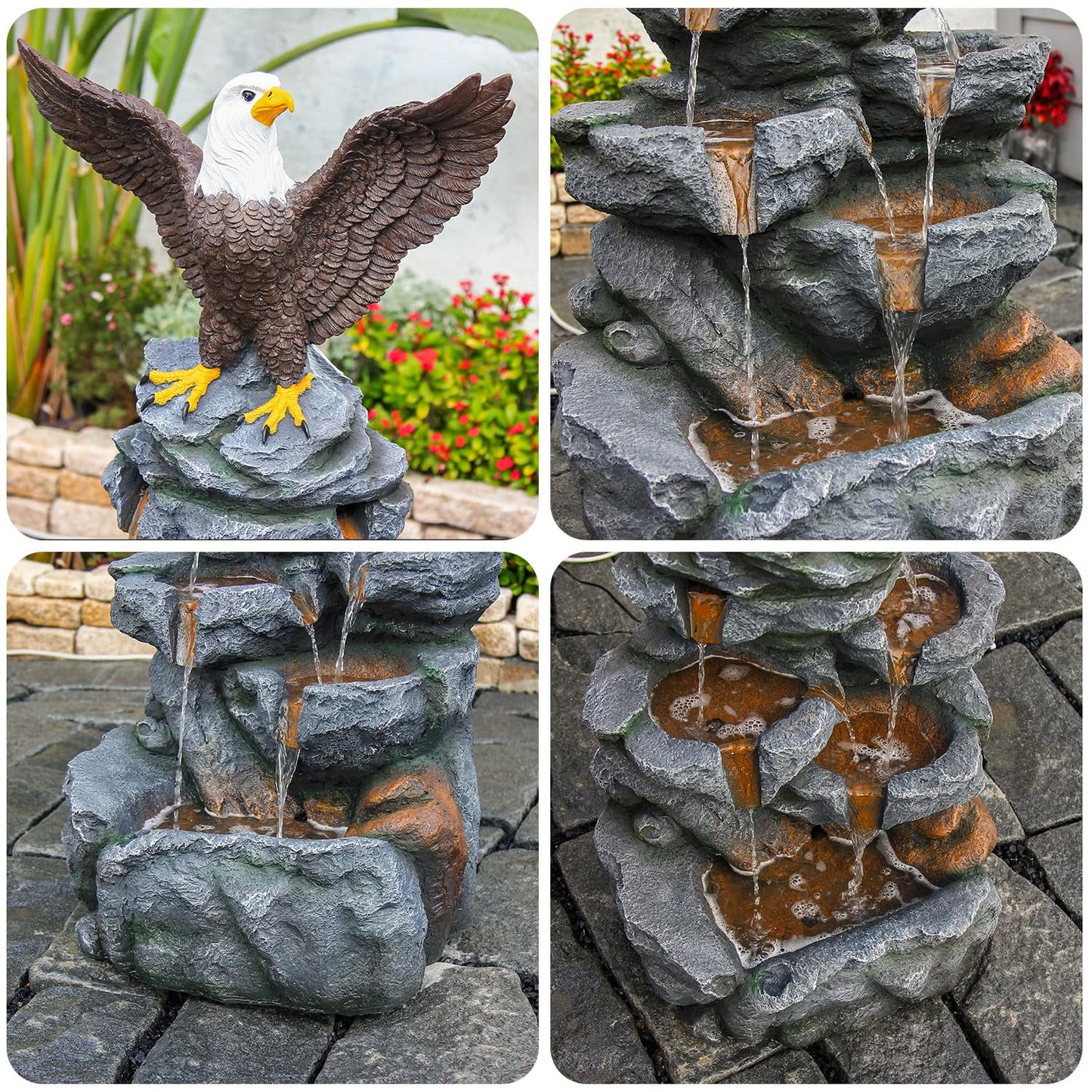 Bald Eagle Statue Outdoor Fountain Tiered Cascading Rock Water Feature for Garden Patio Backyard Porch Deck 38.58" Tall Outdoor Waterfall Sculpture Elegant Garden Decor