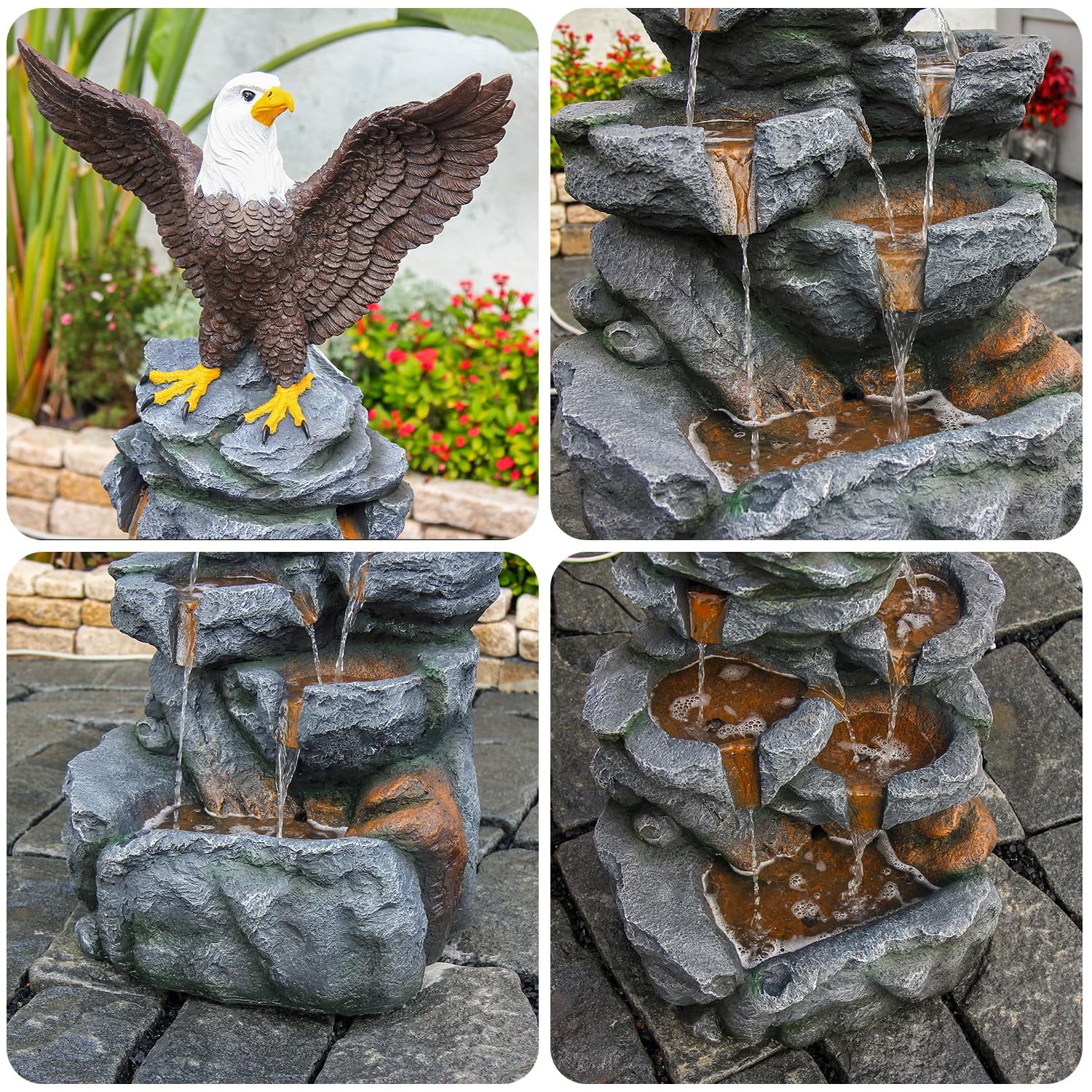 Bald Eagle Statue Outdoor Fountain Tiered Cascading Rock Water Feature for Garden Patio Backyard Porch Deck 38.58" Tall Outdoor Waterfall Sculpture Elegant Garden Decor