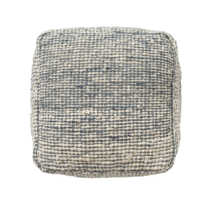 Ox Bay Shiela Square Ivory/Blue Distressed Indoor Pouf Ottoman, 18"H x 18"W