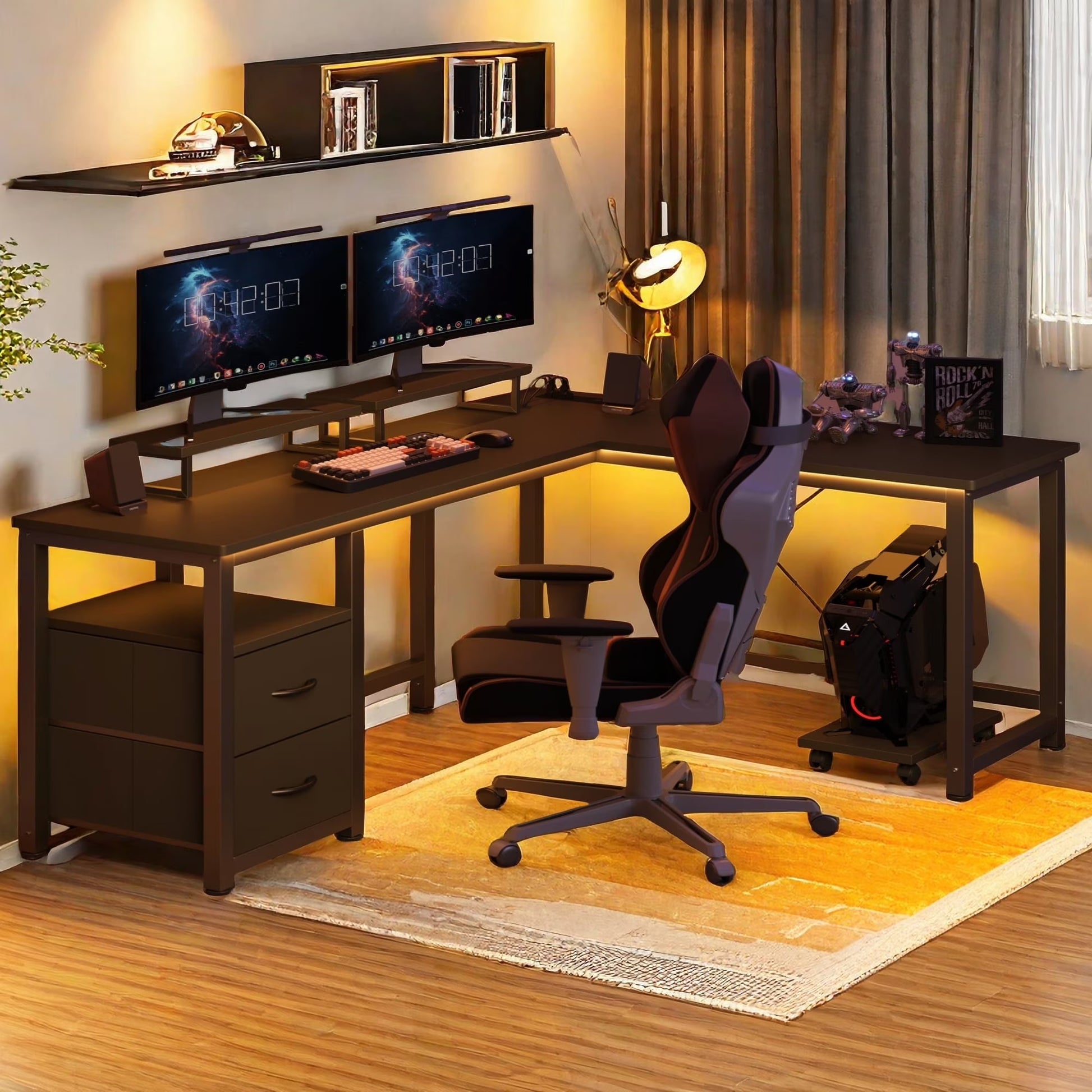 66" L Shaped Computer Desk with Power Outlets, Gaming Desk with Shelf and Drawers for Home Office, Black