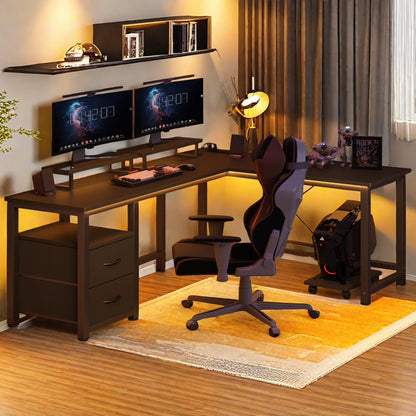 66" L Shaped Computer Desk with Power Outlets, Gaming Desk with Shelf and Drawers for Home Office, Black
