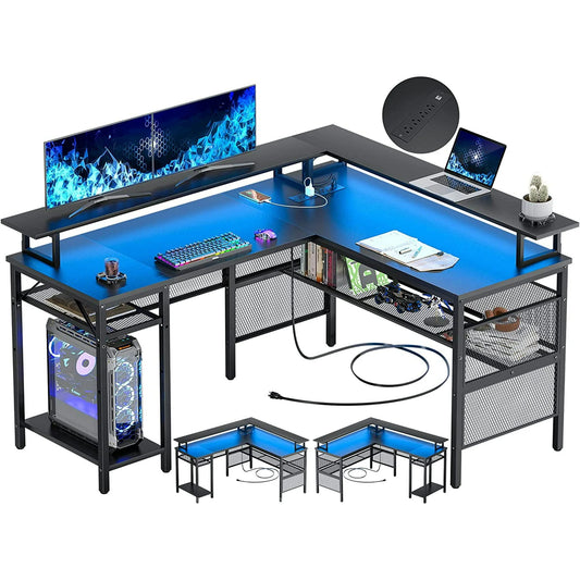 Homieasy L Shaped Desk with Power Outlets and LED Light, 55 inch Reversible L-Shaped Gaming Desk with Monitor Stand, Ergonomic Corner Computer Desk with Storage Shelf for Home Office, Rustic Brown