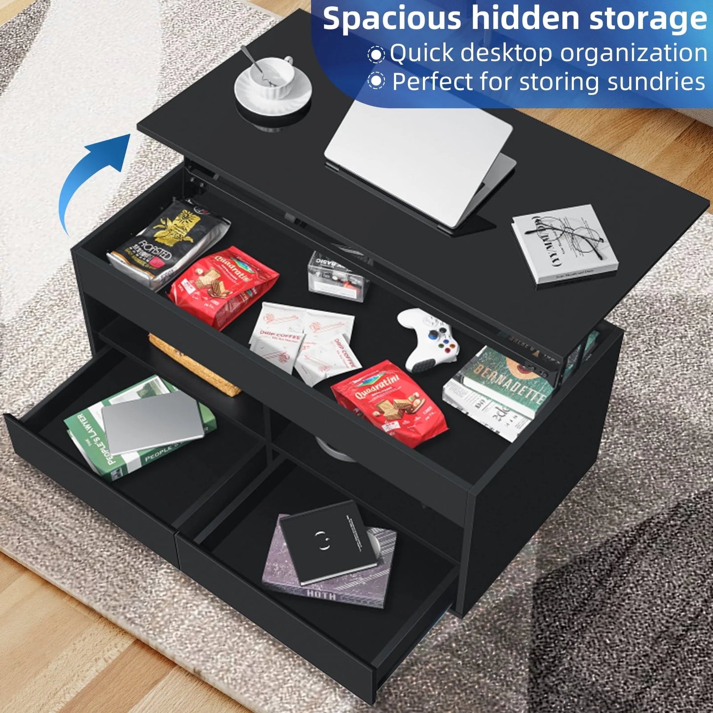 Hommpa Lift Top Coffee Table with 2 Drawers High Gloss Rectangle Black Coffee Table with LED Lights and Hidden Storage for Living Room Home Office Center Cocktail Tables 25.19" Height